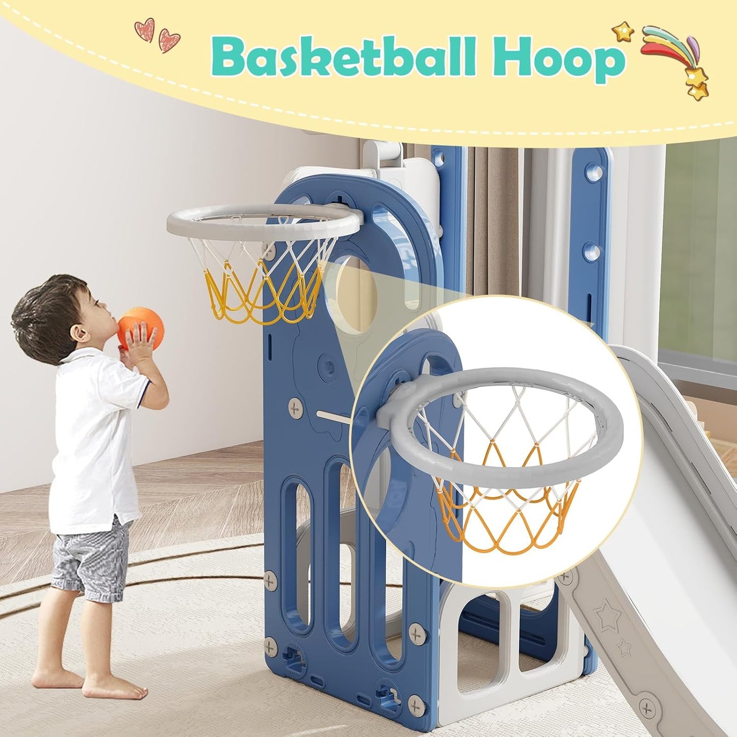 kinbor 6 in 1 Toddler Slide PlaySet - Indoor Outdoor Fun for Kids Ages 1-3, Includes Basketball Hoop, Telescope, Storage & Climber, Safe, Sturdy Baby Slide for Backyard Playground, Blue