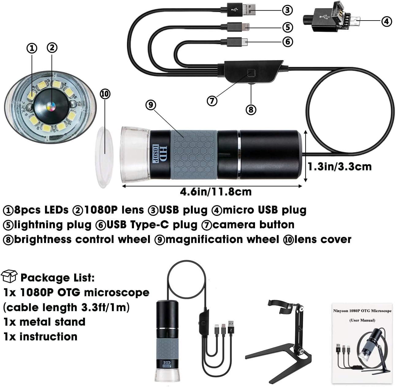 4K WiFi Microscope for iPhone Android PC, 50-1000X USB Digital Microscope Wireless Super HD Endoscope Camera Compatible with All Cellphones iPad Android Tablet Windows Mac Chrome Linux