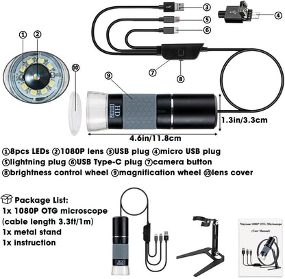 4K WiFi Microscope for iPhone Android PC, 50-1000X USB Digital Microscope Wireless Super HD Endoscope Camera Compatible with All Cellphones iPad Android Tablet Windows Mac Chrome Linux