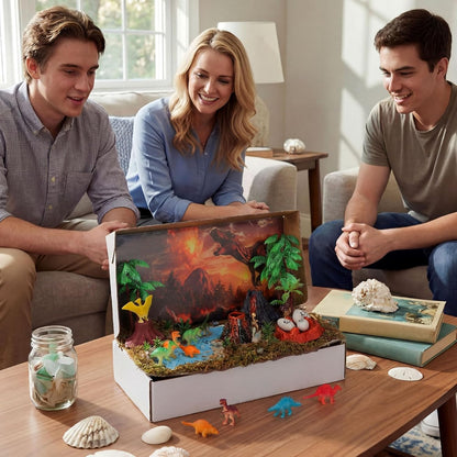Teyva Daily 48 Pcs Dinosaur Diorama Kit Habitat Project Box Set 3D Dinosaurs Diorama Supplies Include Dinosaurs Model Figures & Eggs Volcano Artificial Trees with Cardboard for DIY Crafts Gifts