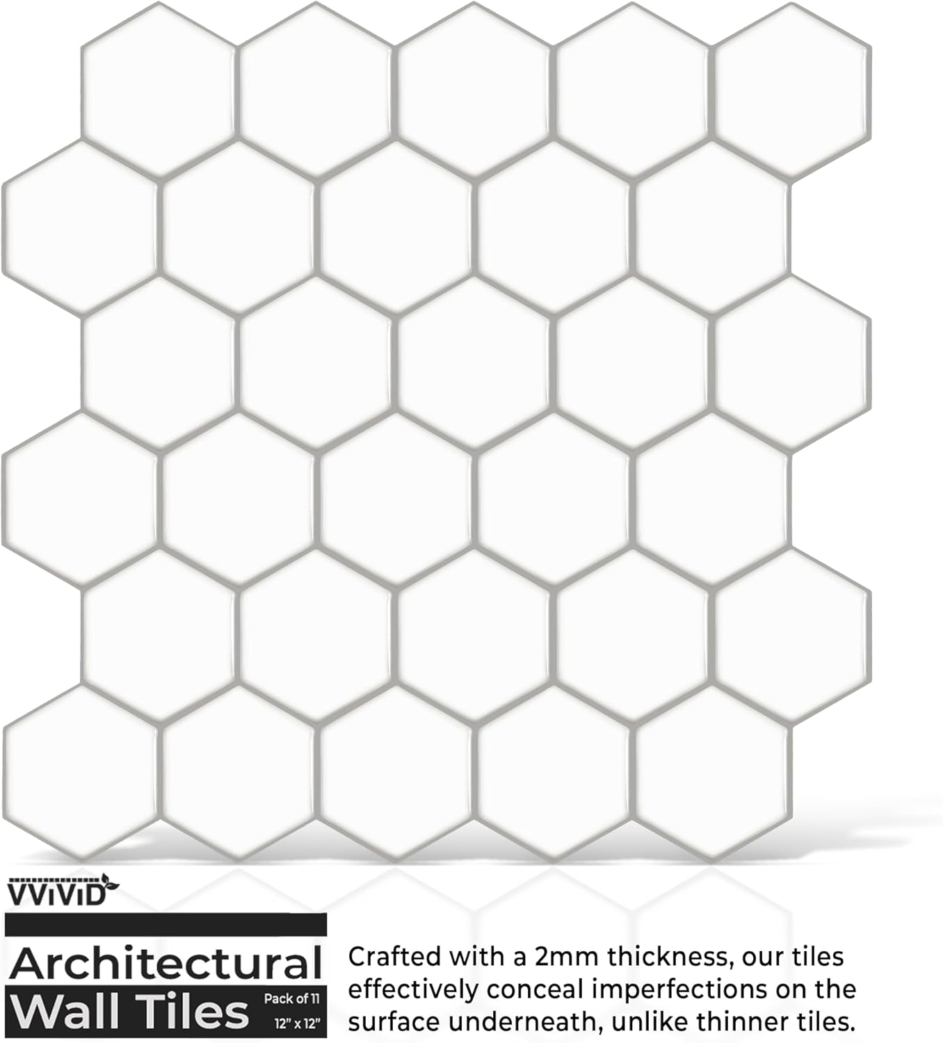 VViViD 11 Sheets Peel and Stick Grey Gloss Faux Ceramic Brick Wall Tiles, Self Adhesive Backsplash 12”x12”, 2mm Thick Kitchen, Bathroom (11 sq. ft.)
