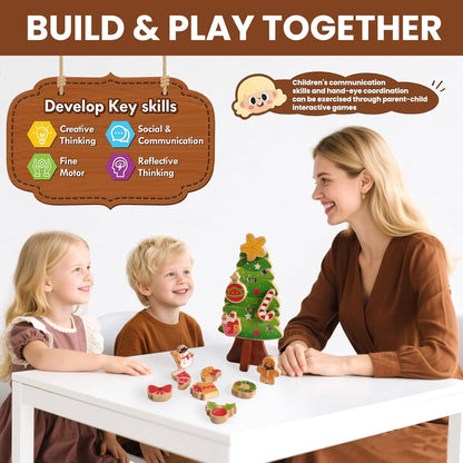 HUZU Christmas Tree Snap Builders 2025 – Wooden Building Blocks, 3D Puzzle, DIY Montessori Fine Motor Toy, Christmas Ornaments, Decor, Gifts for Grandkids, Stocking Stuffers for Kids, Boys & Girls