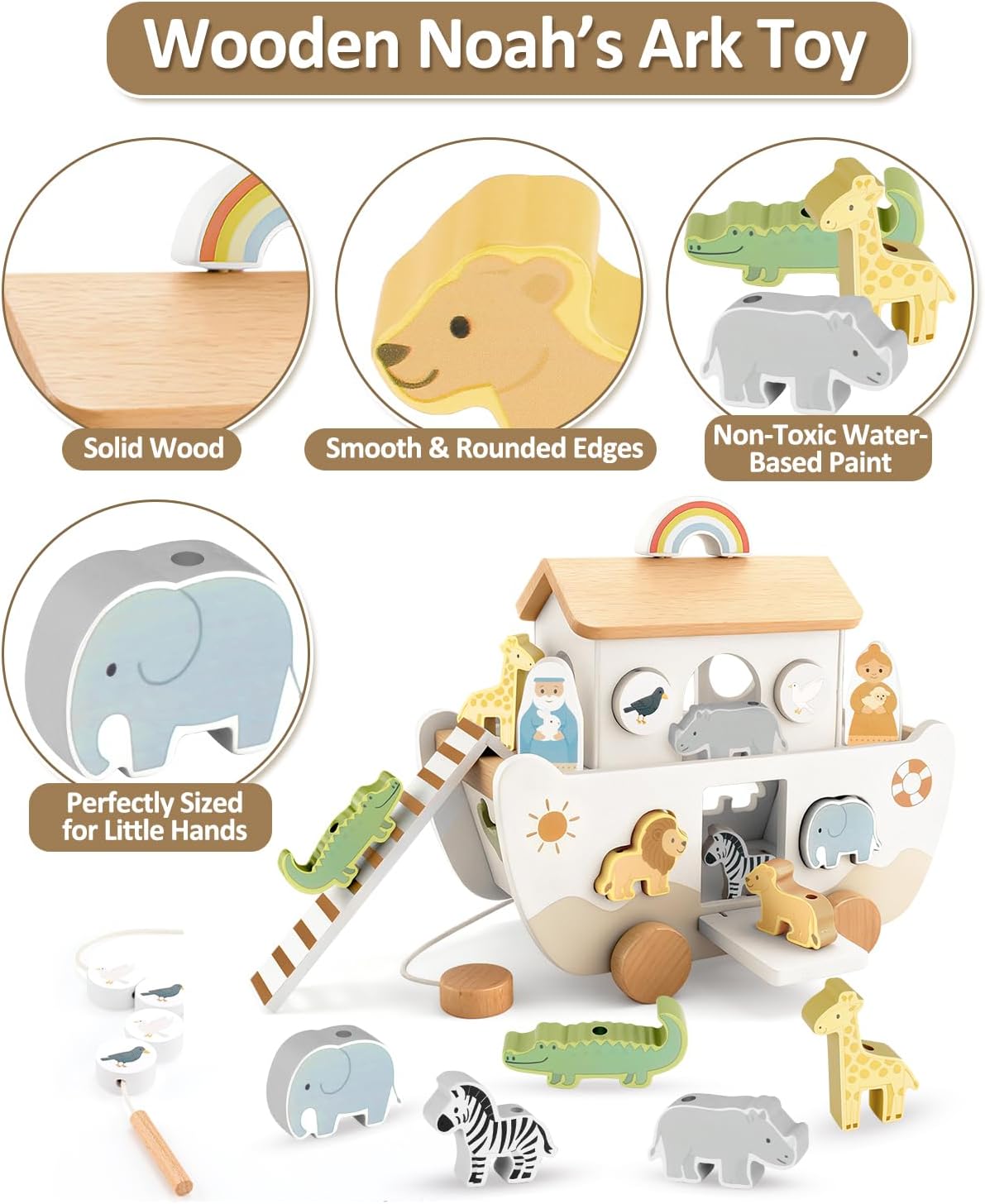 Wooden Noah’s Ark Toy for Toddlers 1-3, Baptism Christening Gifts for Boys Girls, Christian Toy Animal Shape Sorter, Baby Birthday