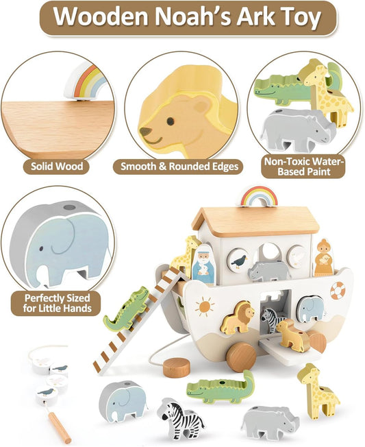 Wooden Noah’s Ark Toy for Toddlers 1-3, Baptism Christening Gifts for Boys Girls, Christian Toy Animal Shape Sorter, Baby Birthday