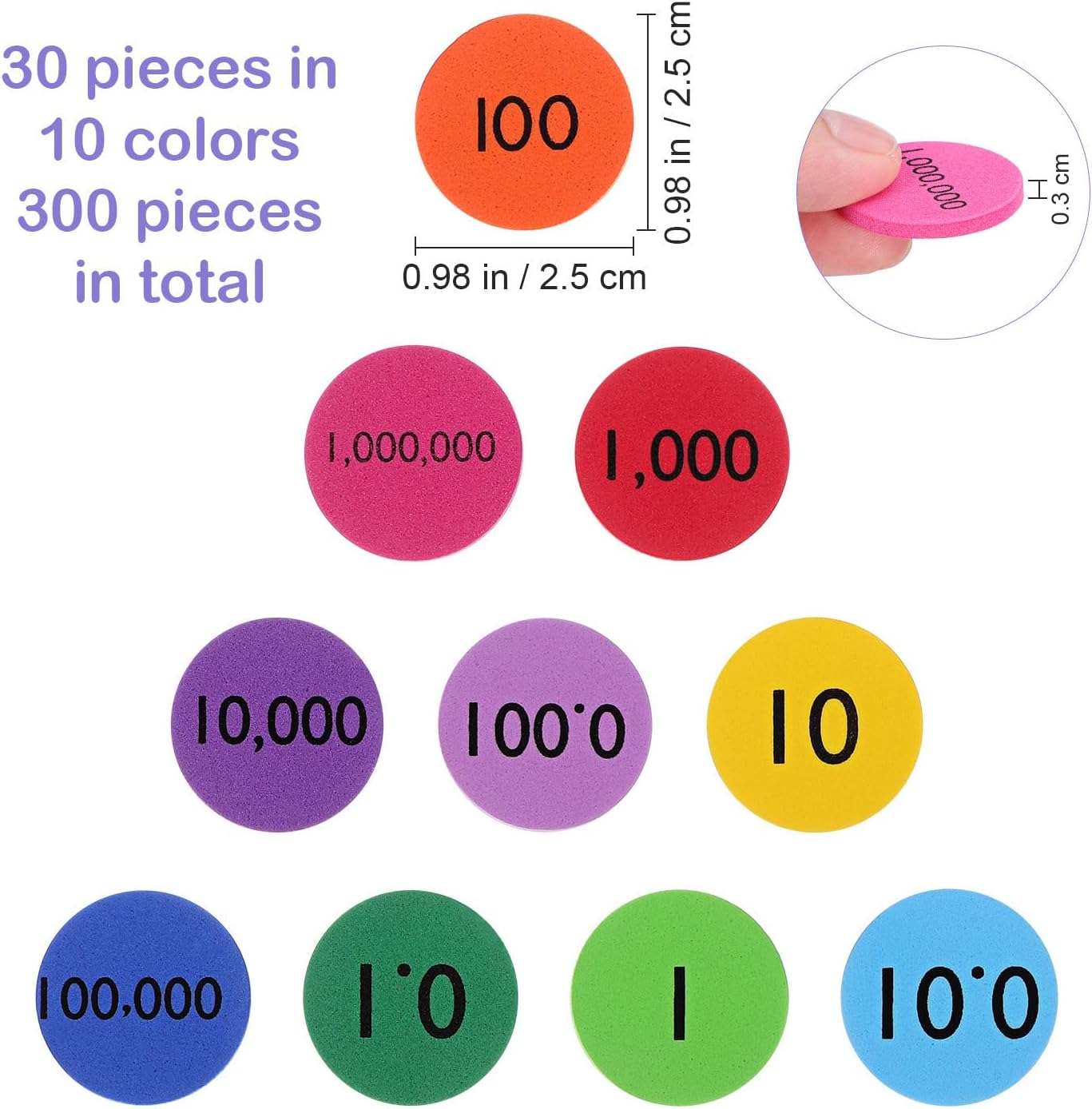 NUOBESTY 300pcs Place Value Disks 10 Values Decimals to Whole Numbers Counting Chips for Kids Base 10 Place Value Manipulatives Math Counters Discs Set for Elementary School Math Supplies