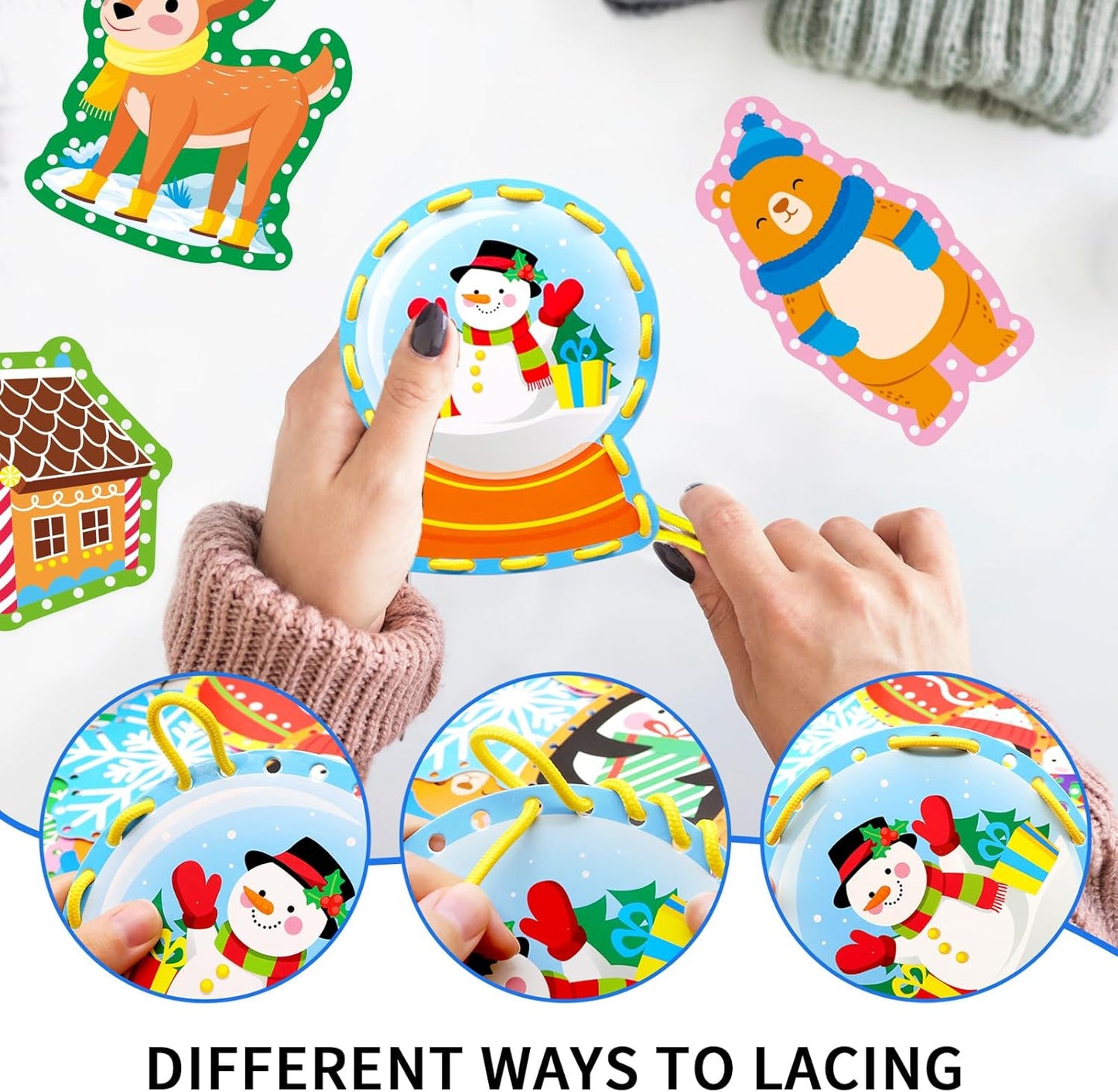 Winter Animal Lacing Cards For Kids 12 Packs Double Sided Sewing Kits Christmas Sewing Cards Educational & Learning Activities Fine Motor Skill for Boys Girls School Winter Holiday Party Supplies