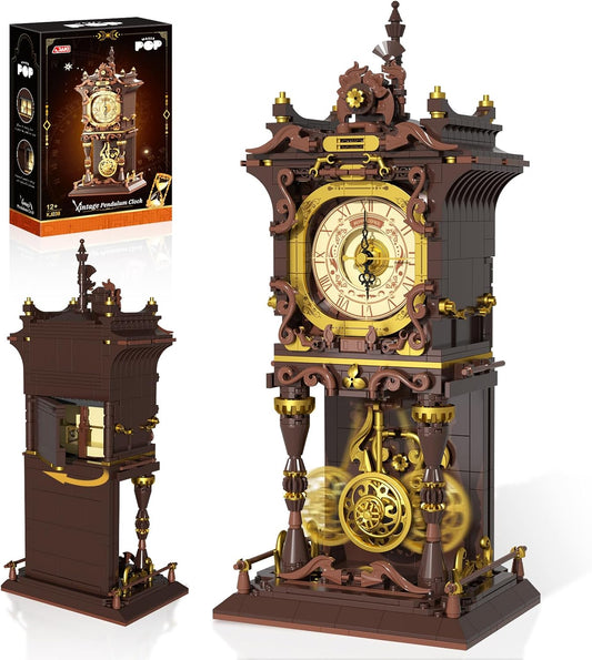 Vintage Swing Clock Building Blocks Set, Real Working Moving Pendulum & Rotating Dial, Mechanical Building Blocks Toys, Gift for Adults Teens Girls Boys 12+, Retro Steampunk Home Decor