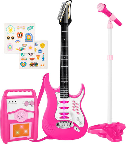 Best Choice Products Kids Electric Guitar Set with Microphone & Amp, Interactive Musical Toy for Boys & Girls, Lights & Sounds, Demo Songs, AUX Input, DIY Stickers - Blue