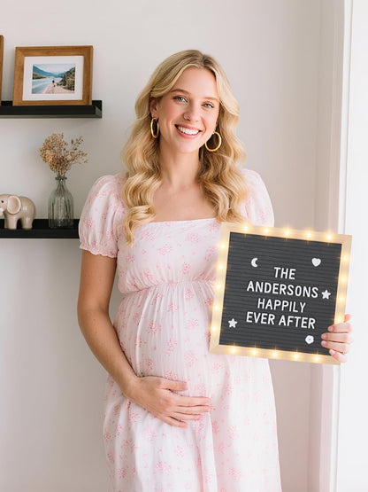 Changeable Felt Letter Board with LED Lights - 10×10" Message Custom Signs & Wood Stand & 450 Letters, Poster Board for Baby/Pregnancy Announcement/Classroom Wall Graduation Decor Gifts, Camel