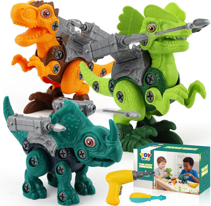 TOY Life 3-Pack Take Apart Dinosaur Toys for 3, 4, 5, 6, 7 Year Old Boys, Kid Dinosaur Toy with Electric Drill Tool Set, STEM Building Construction Toys, Educational Birthday Gifts for Toddlers