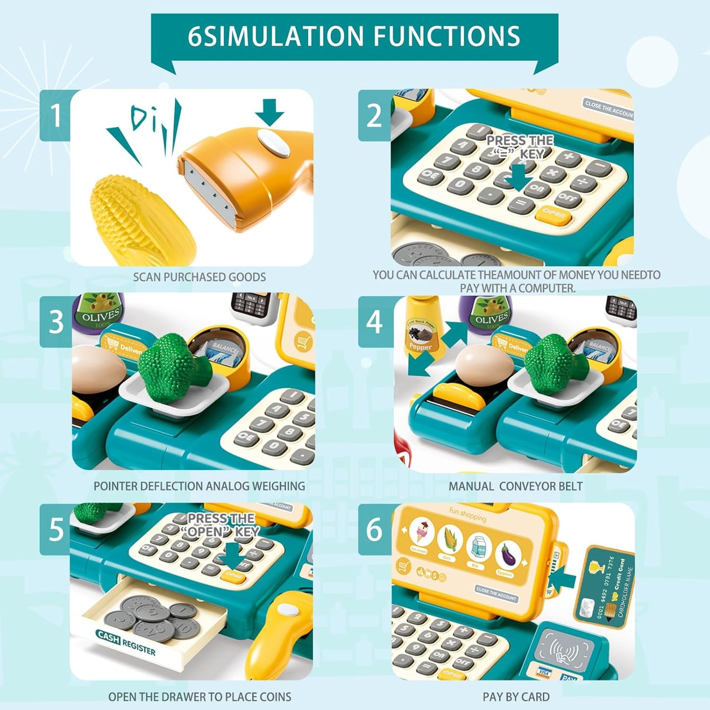 Cash Register Toy for Kids,Toddler Pretend Play Store with Real Calculator,Scanner,Play Food, Money & Credit Card,Supermarket Checkout Set, Math Skills Learning Toys,Birthday Gift for Boys Girls-Red