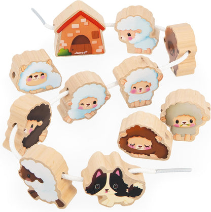 Janod - Stringable Farm-Themed Wooden Beads Set 11 Pieces - Designing Custom Jewelry - Imagination Development - Boosts Creativity and Motor Skills - Encourages Imaginative Play