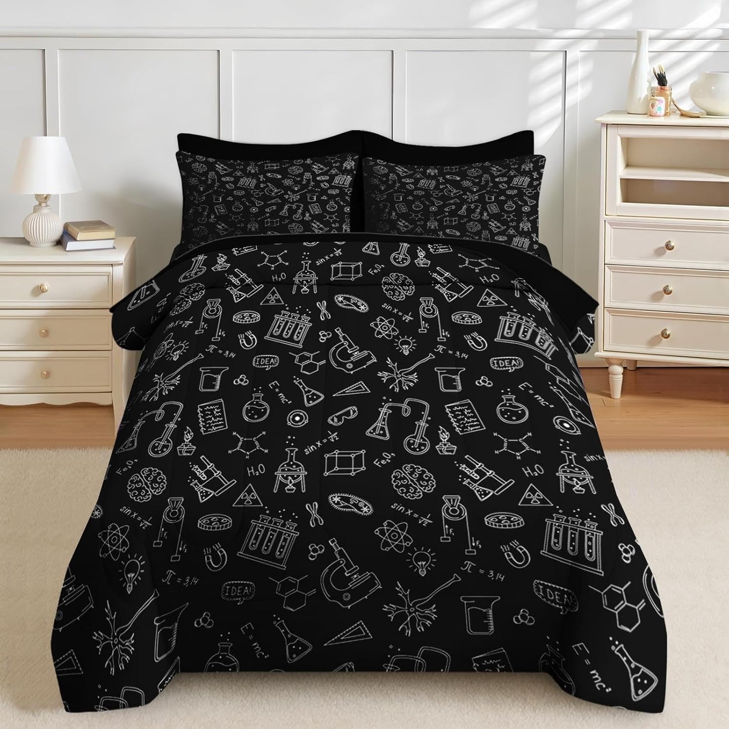 Nesker Comforter Set Twin Size, Science Lab School 5 Pcs Bedding for Kids and Adults, Medical University Chemistry Bed Sheet Sets with Fitted Sheet Pillowcase & Sham