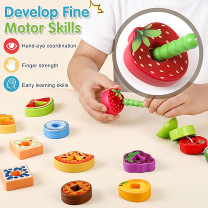 28 Pcs Caterpillar Lacing Toy for Toddlers Fruit Food Threading Toys Learning Lacing Beads Montessori Educational Stringing Threading Beads Fine Motor Skills Gift for Boys Girls 3+