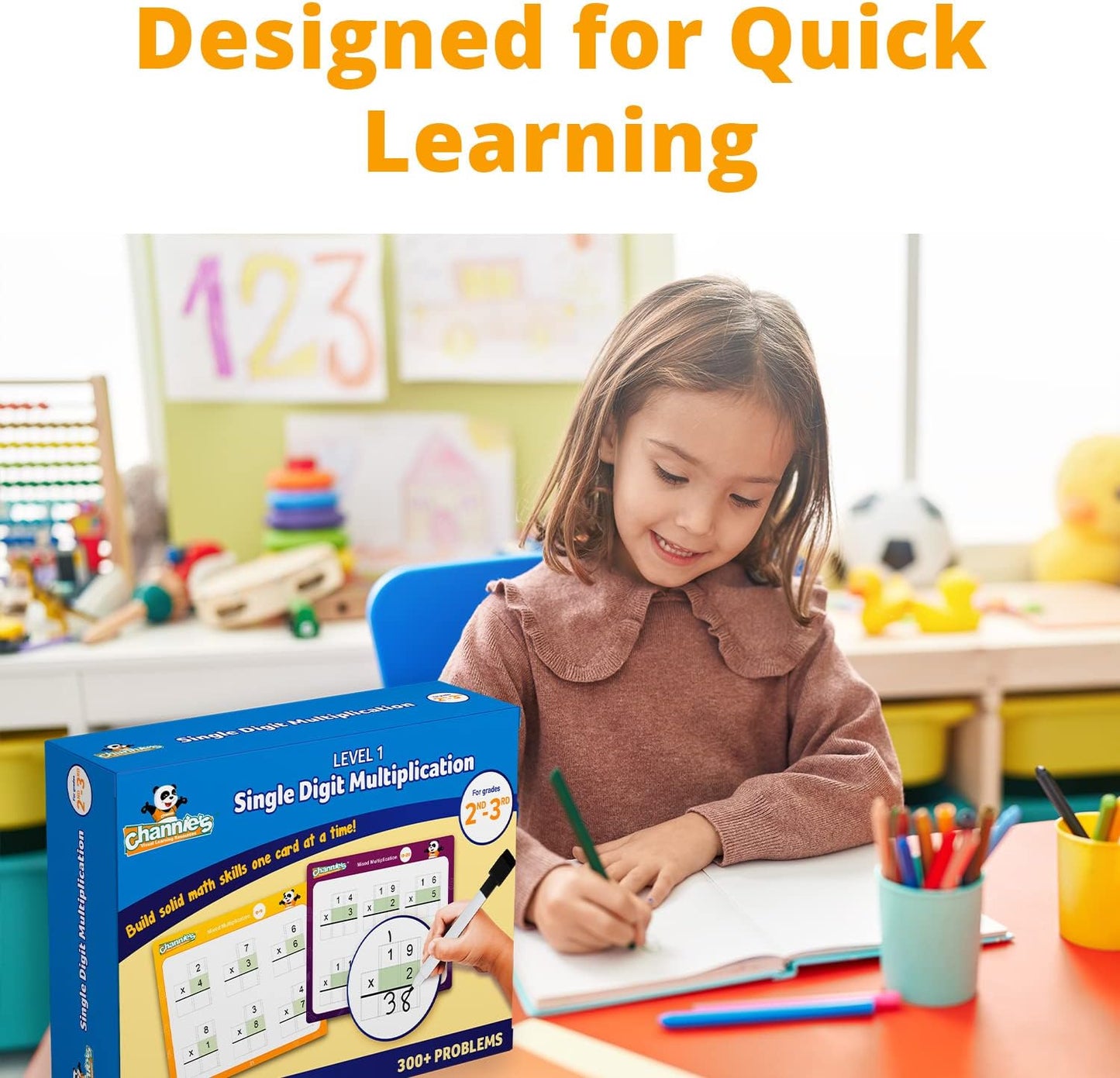 Channie’s Single Digit Multiplication Flashcards, 30 Double-Sided Dry Erase 2nd - 3rd Grade Multiplication Flash Cards, Easy-to-Use Level 1 Multiplication Practice, 300+ Problems