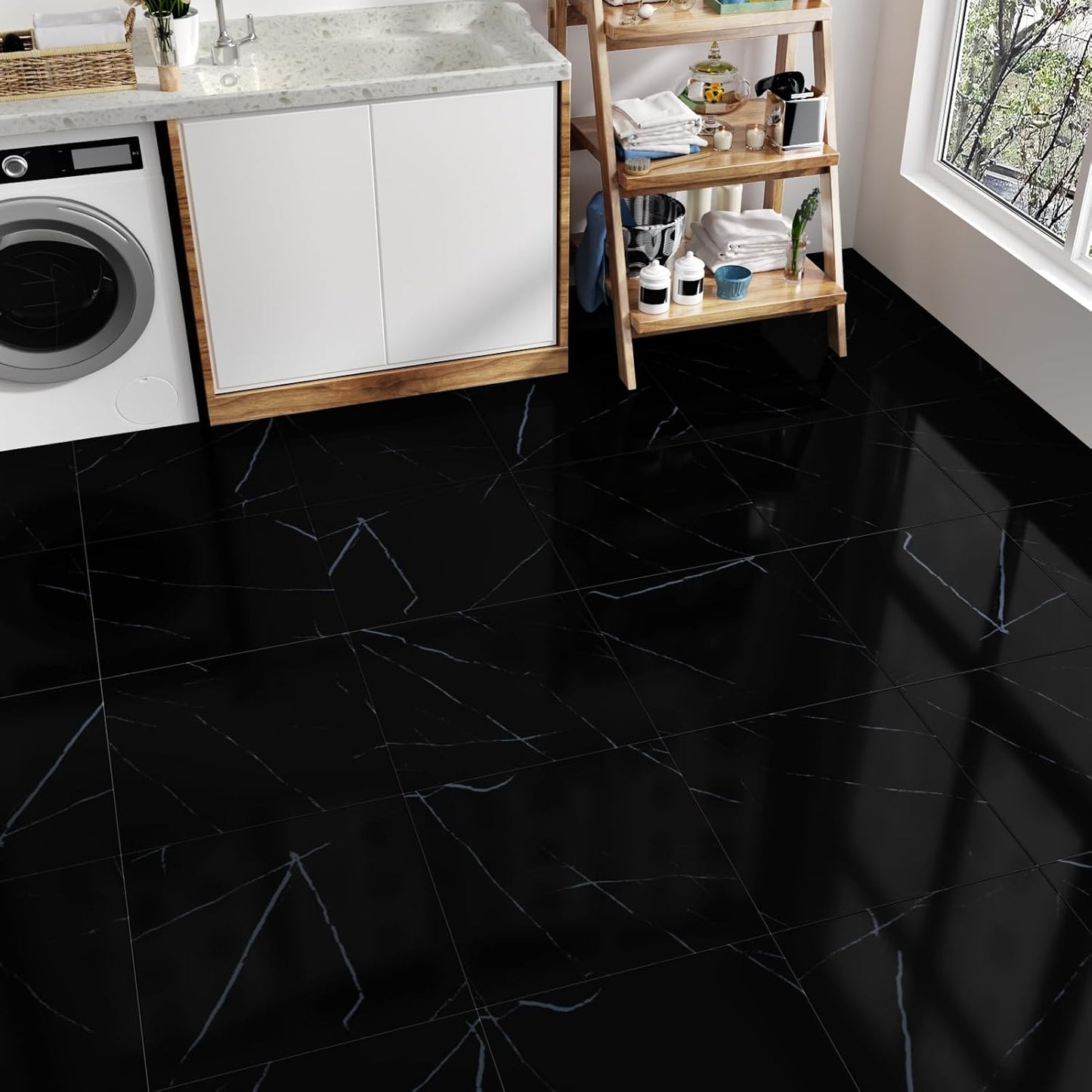 Wallercity White Marble Peel and Stick Vinyl Floor Tiles 6-Pack 12x12 Inches Self Adhesive Waterproof Flooring Planks for Bathroom Kitchen Bedrooms Stick on Floor Tiles Laminate Sheets Vinyl Flooring