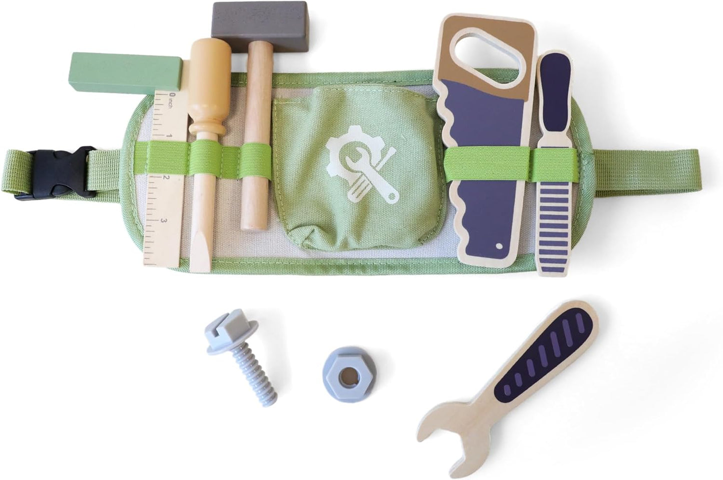 Freniland Kids Tool Belt Set with Adjustable Strap - 6 Wooden Tools & Screw for Toddlers 3+ Pretend Play - Durable Educational Toy