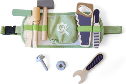 Freniland Kids Tool Belt Set with Adjustable Strap - 6 Wooden Tools & Screw for Toddlers 3+ Pretend Play - Durable Educational Toy