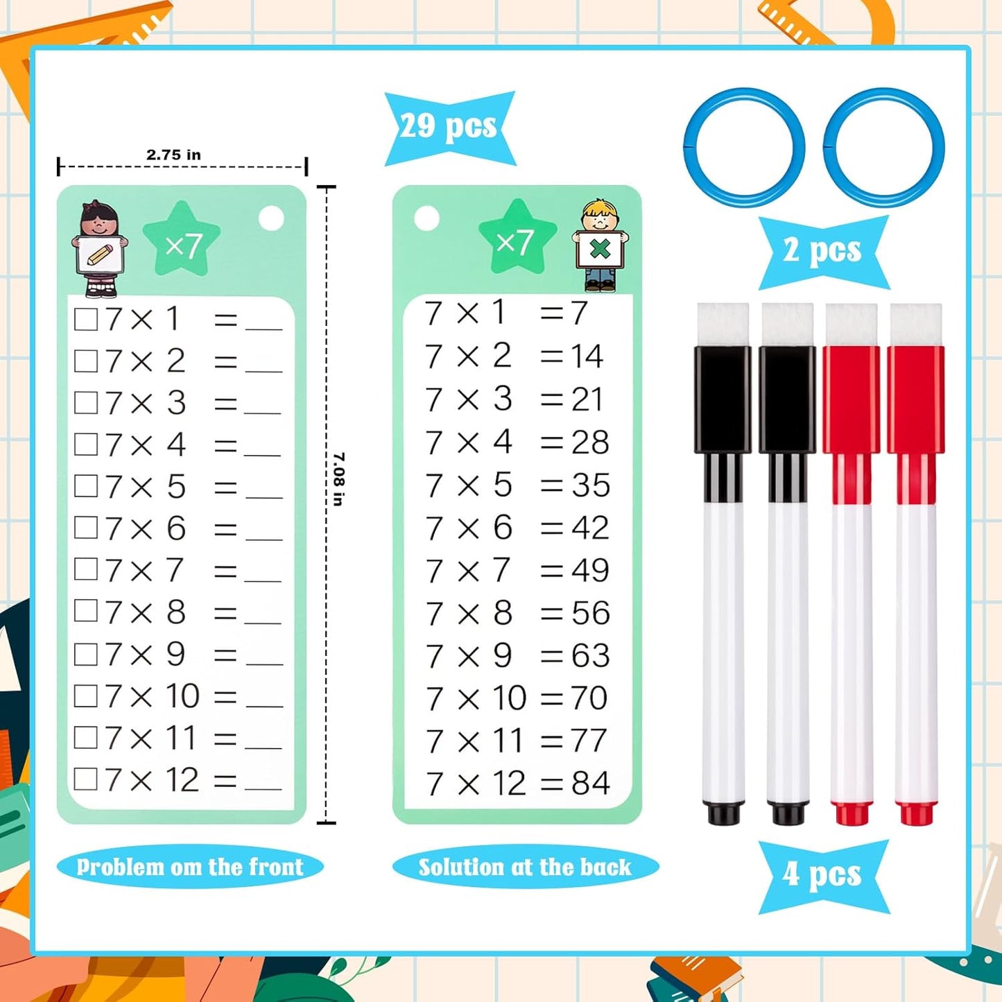30Pcs Multiplication and Division Flash Cards, Math Flash Card with 4 Dry Erase Pens 2 Rings, Time Table Flash Cards for 1st to 3rd Grades Fun Learning with Math Game