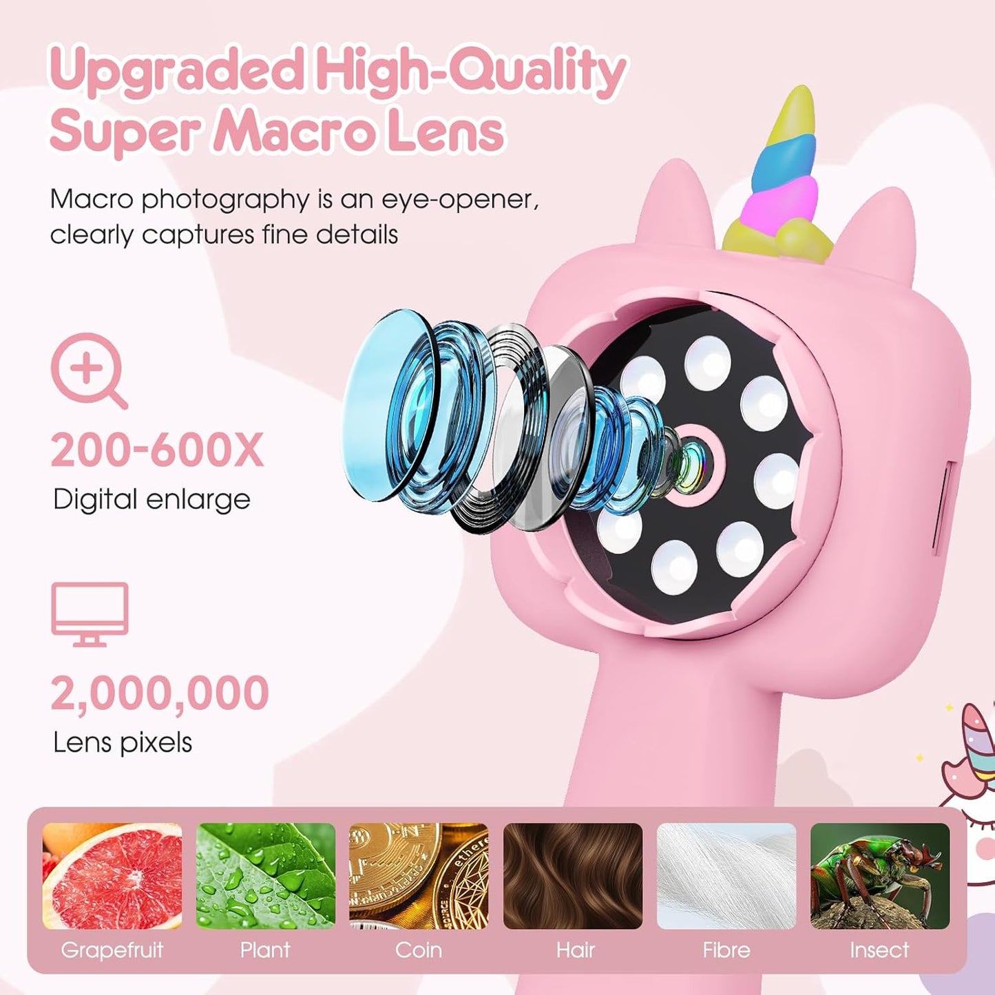 Magnify 2.4" Microscope for Kids, 600X-4800X Handheld Digital Miniscope, Portable Pocket Magnification Microscope Photo & Video | Education Toys for Age 3 4 5 6 7 8 9 10 Girls Boys