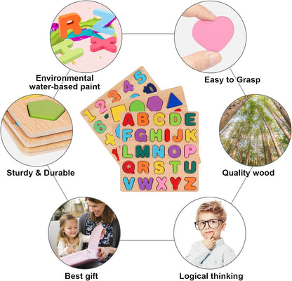 Attmu Wooden Puzzles for Toddlers, 6 Pcs Alphabet Puzzle ABC Shape Number Animal Farm Puzzle, Learning Toys for Kids, Preschool Educational Activities Toddler Gift Toys for Girls Boys Christmas Easter