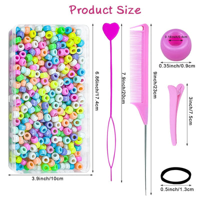 1008 Pcs Hair Beads Set with Hair Styling Tool, 500Pcs Pony Beads, 500Pcs Small Elastic Rubber Bands, 1Pcs Rattail Comb, 2Pcs Duckbill Clips, 5Pcs Quick Beaders for Kids and Girls Hair Braids