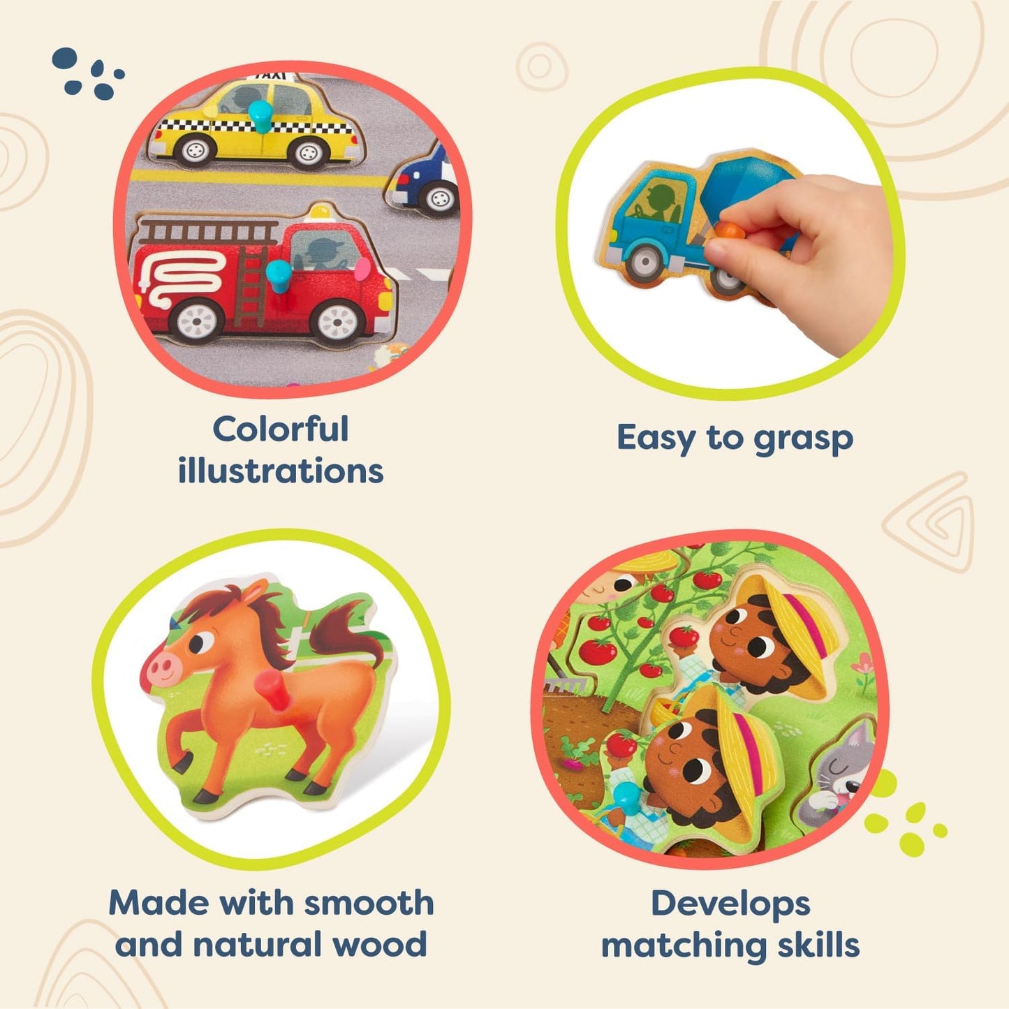 B. toys – Peek & Explore – Vehicles – Wooden Peg Puzzle for Toddlers, Kids – 8 Pieces – Fire Truck, Airplane, Taxi & More – 2+ Years