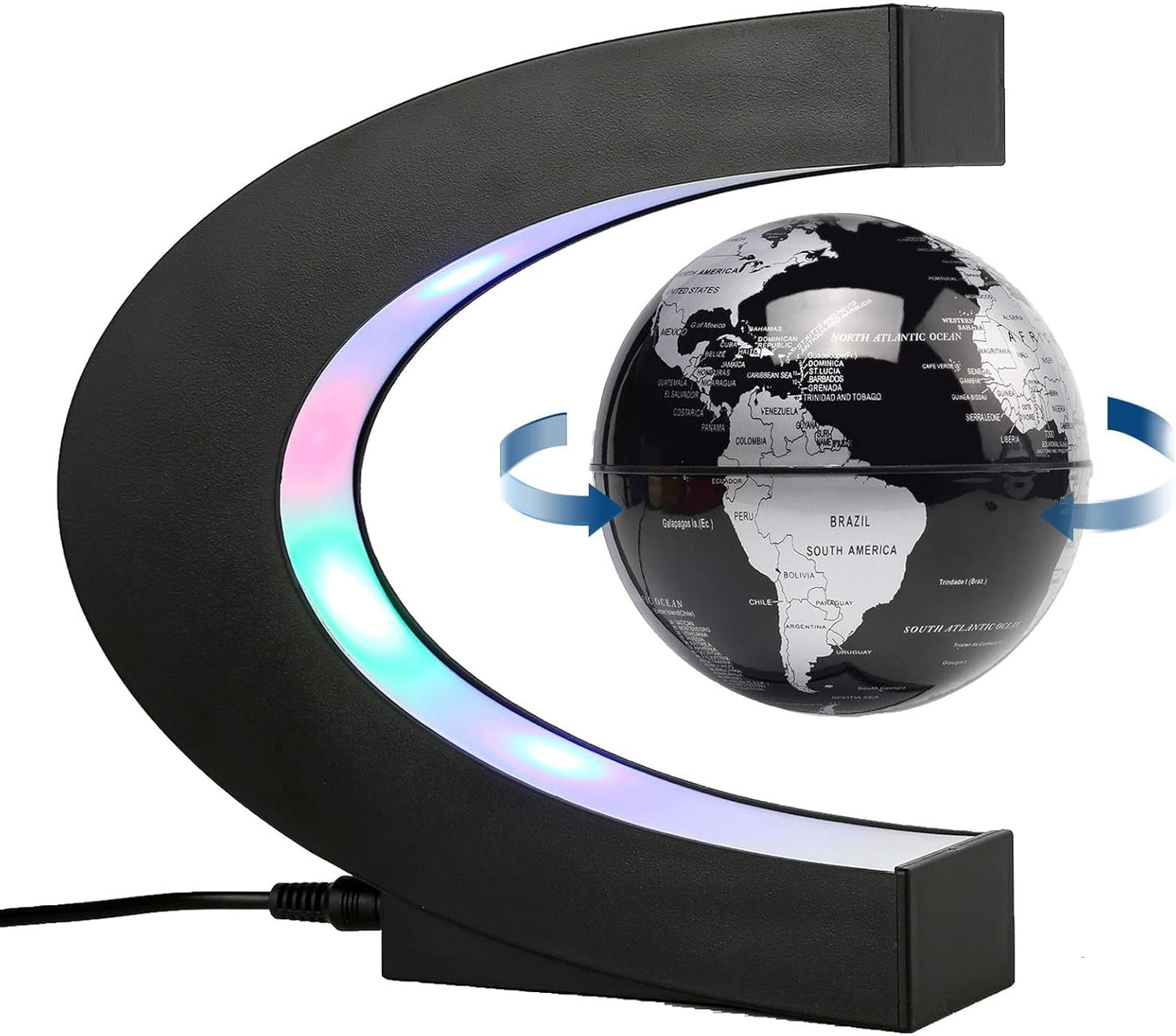Magnetic Levitation Floating Rotating World Globe with LED Light - C Shape Anti Gravity Levitating Globe for Desk Office Decor, STEM Educational Map, Unique Tech Gift for Men Kids Boss, 3.5 Inches