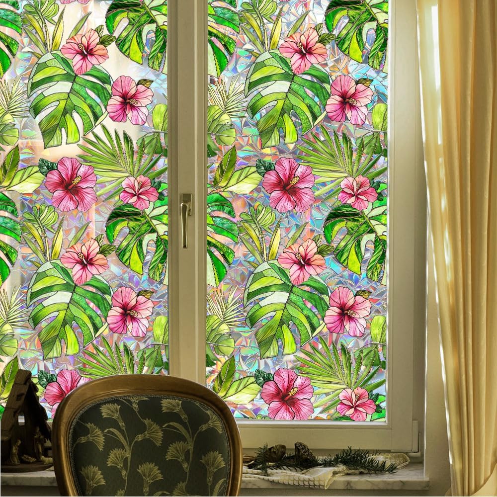 Flower Stained Glass Window Film Decorative Static Cling Stickers Sun Blocking Privacy Decals for Home Car White Lily