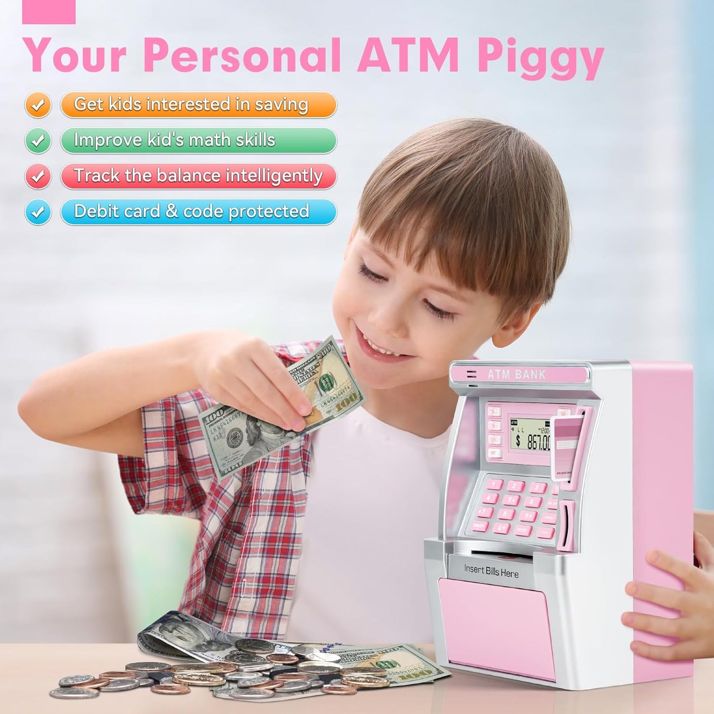 BAODLON Piggy Bank for Kids, ATM Machine Bank for Real Money with Debit Card, Bill Feeder, Coin Recognition, Balance Calculator, Electronic Savings Safe Box, Cool Stuff Toys Gifts for Teen Boys Girls