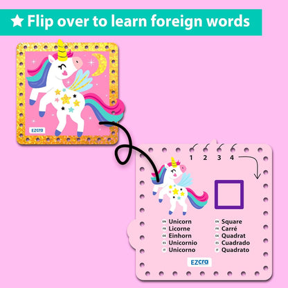EZCRA Premium Lacing Cards for Kids Ages 3-6 | 5 Double-Sided Unicorn Princess Cards | Multilingual Learning Preschool Fine Motor Skills Educational Activity