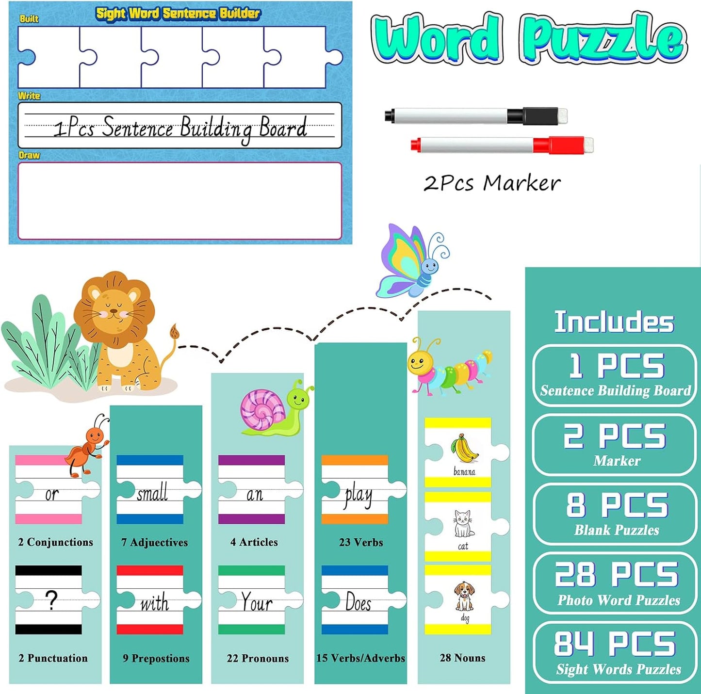 Sentence Building, Sight Word Builder Cards for Early Reading, Speech, Writing, and Language Practice for Kids Kindergarten 1st 2nd Grade Classroom
