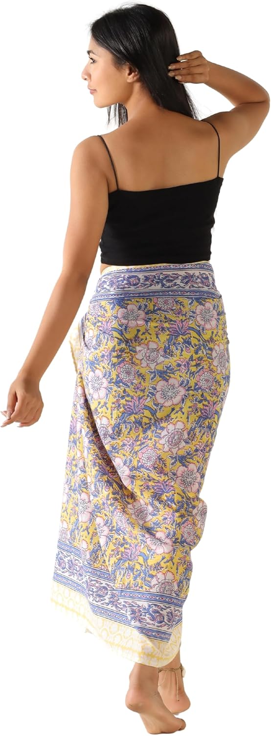 100% Cotton Sarong Cover Up for Women Indian Block Print Beach Wrap Skirt Long Boho Swimsuit Bikini Pareo (73” x 43”)