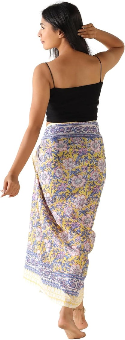 100% Cotton Sarong Cover Up for Women Indian Block Print Beach Wrap Skirt Long Boho Swimsuit Bikini Pareo (73” x 43”)