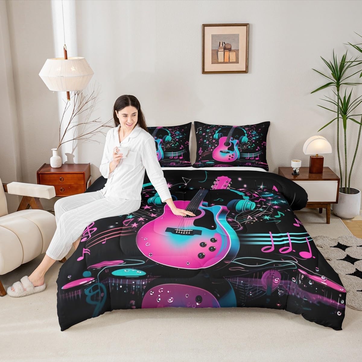 Erosebridal Drum Kit 3D Print Kids Comforter Sets Rock Music Themed Full Bedding Set for Boys Girls Musical Pattern Comforter Set,Colorful Retro Style Quilt Duvet 3 Pcs