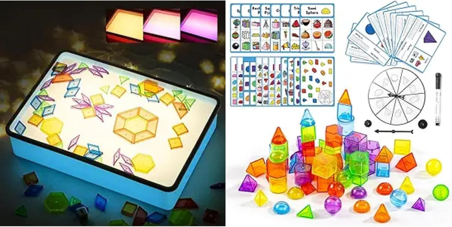 Sand Painting Light Box - 60 Pcs 3D Shapes for Teaching - Sensory Light Table for Kids - 3 Color Temperature & 10 Levels Adjustable Brightness, 16" (Blue)