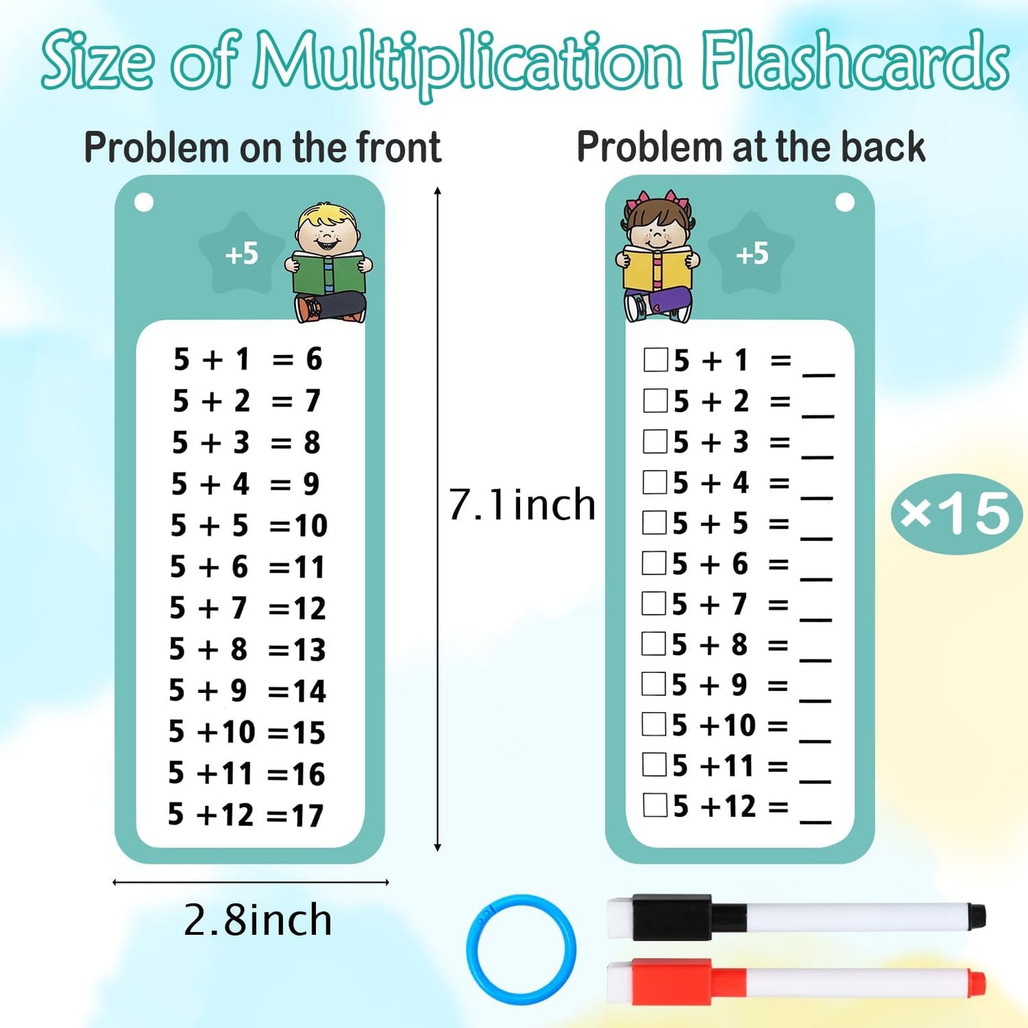 1-12 Multiplication Flash Cards, Large Math Times Table Flashcards Chart, with 15 Cards, 2 Dry Erase Markers, 1 Rings, Educational Multiplication Game for Kids, 1st, 2nd, 3rd Grades Classroom Home