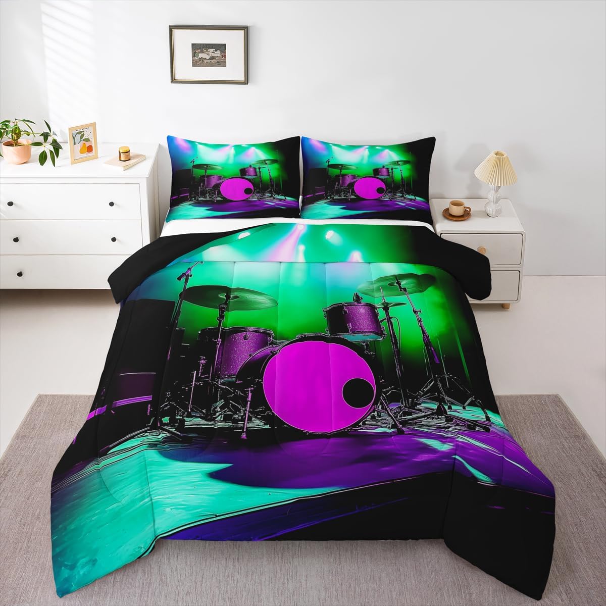 Erosebridal Drum Kit 3D Print Kids Comforter Sets Rock Music Themed Full Bedding Set for Boys Girls Musical Pattern Comforter Set,Colorful Retro Style Quilt Duvet 3 Pcs