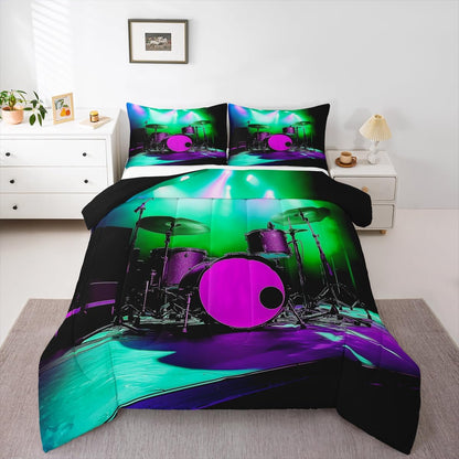 Erosebridal Drum Kit 3D Print Kids Comforter Sets Rock Music Themed Full Bedding Set for Boys Girls Musical Pattern Comforter Set,Colorful Retro Style Quilt Duvet 3 Pcs