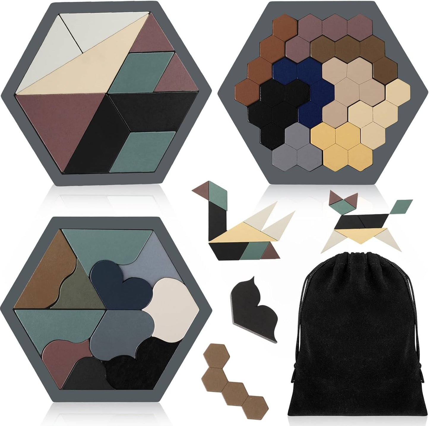 Yunsailing 3 Pack Large Hexagon Tangram Puzzle Wooden Brain Puzzles for Adult Challenge Wood Russian Blocks Brain Teasers Geometric Jigsaw Block Logic Iq Stem Family Graduation Gifts(Vintage)