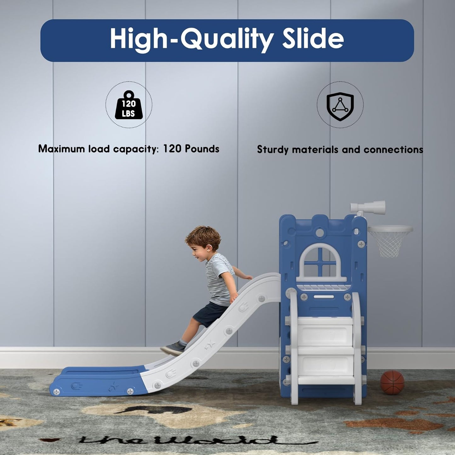 LulliSpace 6 in 1 Toddler Slide,Kids Playset for Toddlers Indoor Outdoor, Baby Slide with Basketball Hoop, Telescope & Storage Space,Non-Slip Steps for Great Gift