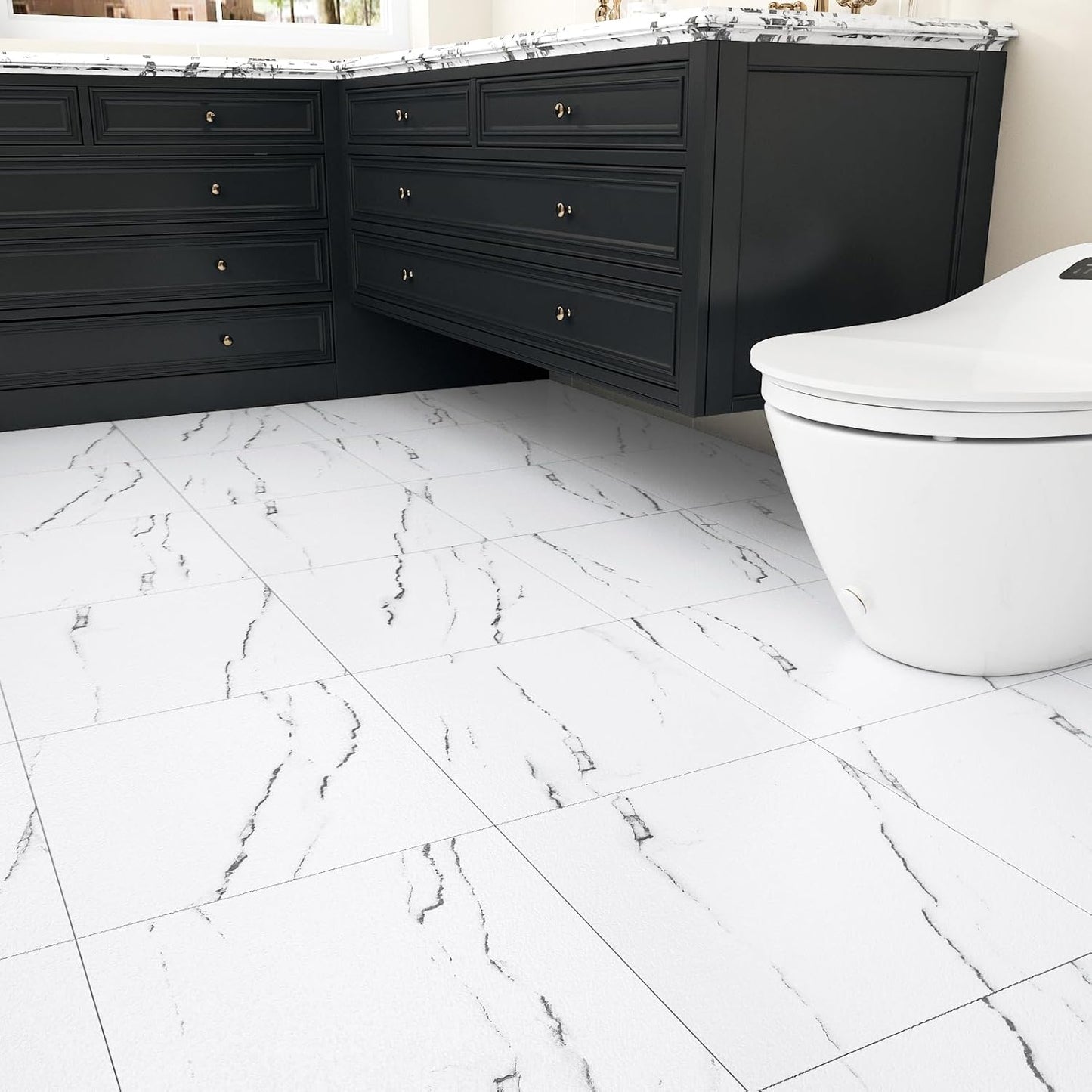 Wallercity White Marble Peel and Stick Vinyl Floor Tiles 6-Pack 12x12 Inches Self Adhesive Waterproof Flooring Planks for Bathroom Kitchen Bedrooms Stick on Floor Tiles Laminate Sheets Vinyl Flooring