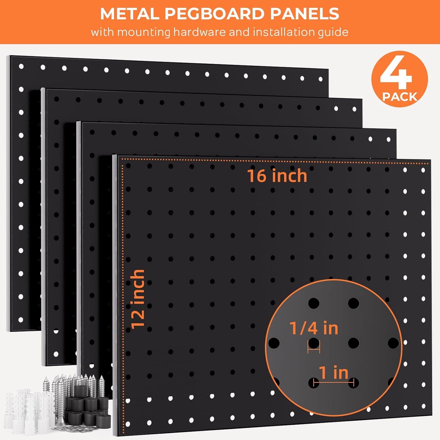 INCLY 70PCS Pegboard Wall Organizer, 4PCS Metal Peg Board Panels with 66PCS 1/4" Pegboard Hooks Accessories Kit, Black Peg Board for Walls Home, Garage Tool Storage, Workbench Organization