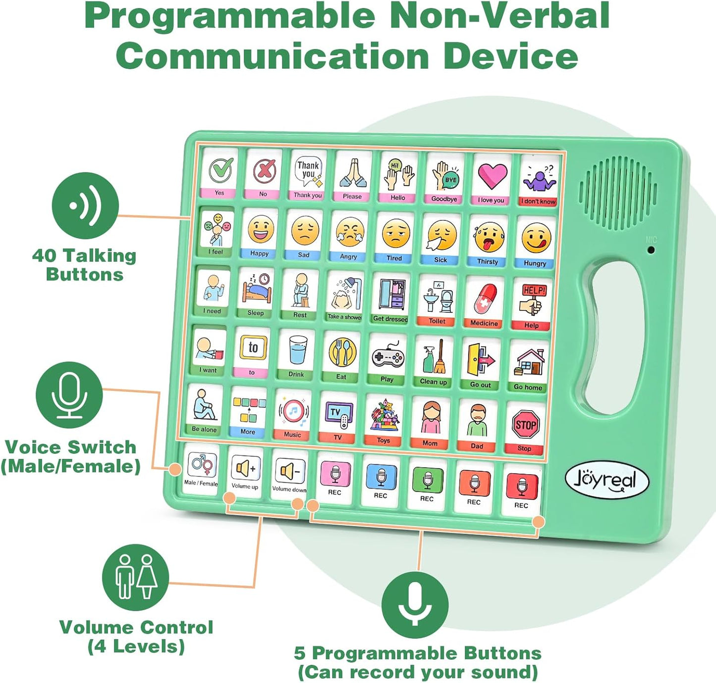Joyreal AAC Device for Autism, Non Verbal Communication Tools for Speech Therapy & Stroke Rehab. Autism Communication Board with 5 Programmable Buttons & Adjustable Volume, Autistic Kids Must Haves