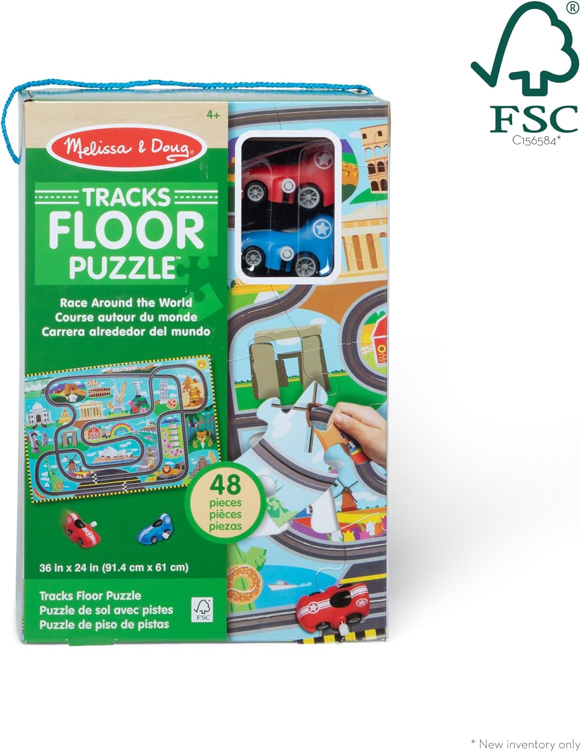 Melissa & Doug Race Around the World Tracks Cardboard Jigsaw Floor Puzzle and Wind-Up Vehicles (48 Pcs) for Preschoolers and Kids Ages 4+