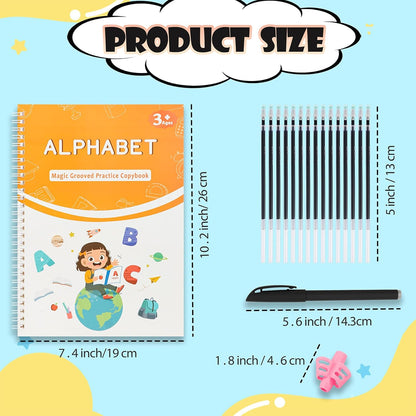 Magic Grooved Writing Practice for Kids Age 3-8, Reusable Grooved Handwriting Books, Tracing Workbooks with Disappearing Ink Pens & Grips, Preschool Learning Activities