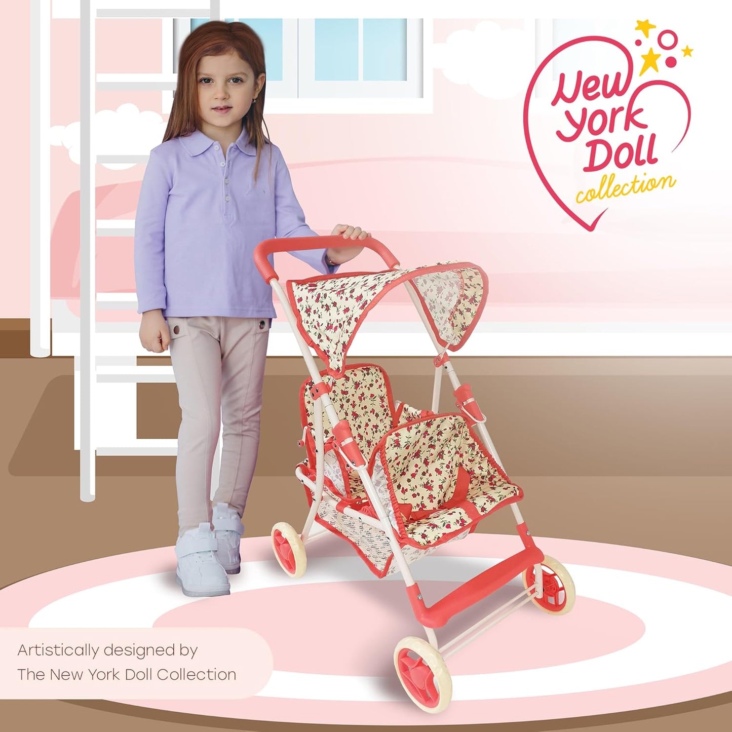 The New York Doll Collection First Twin Stroller - Cutest Heart Design Baby Strollers Great Toy Gift for Toddlers and Girls (Denim) Blue,pink