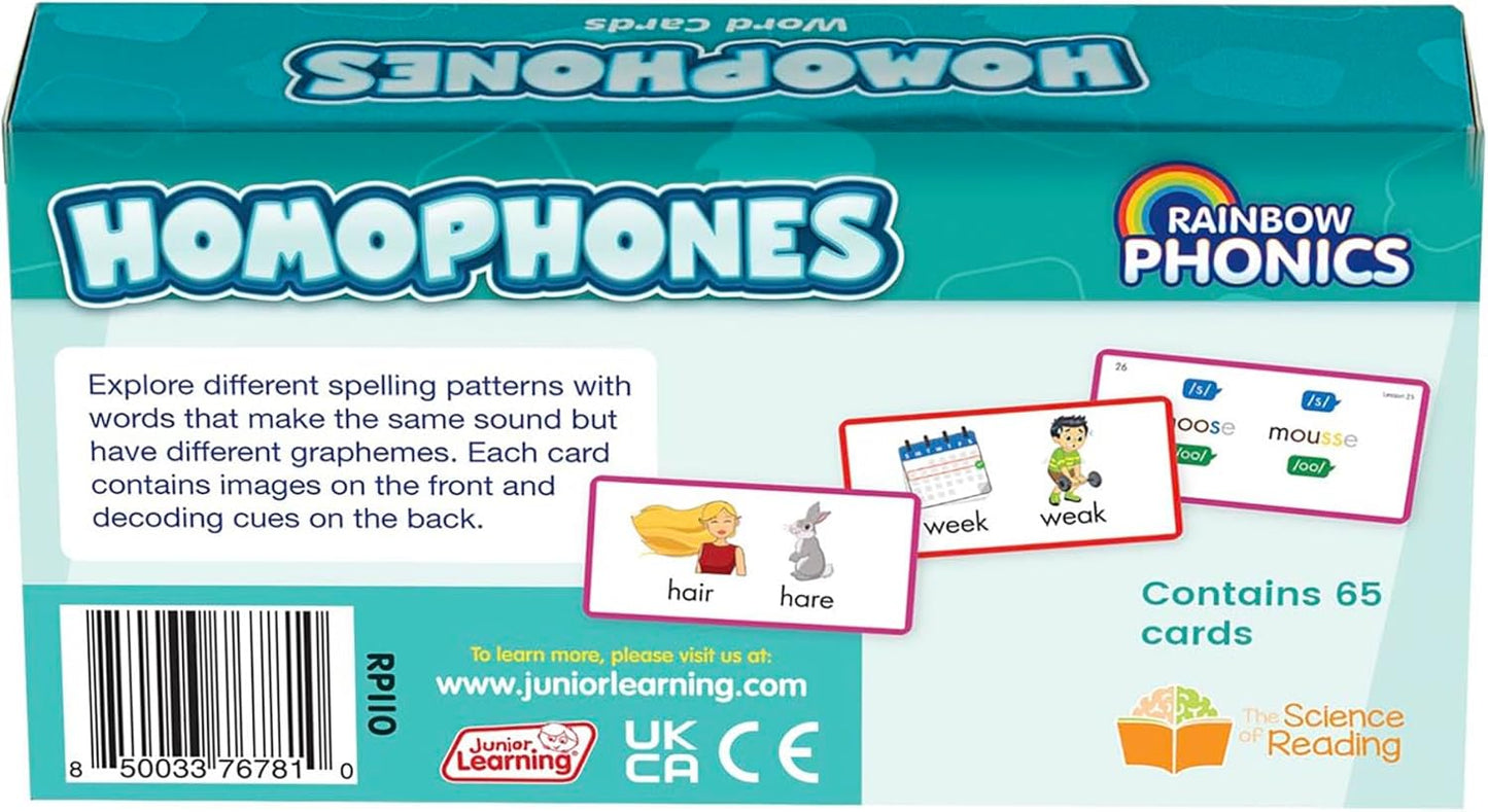 Junior Learning: Rainbow Phonics - Homophones - 65 Word Cards, Flash Cards with Sound & Spelling Association, Level Based Cards, Kids Ages 4+
