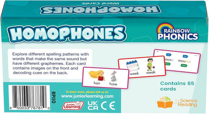 Junior Learning: Rainbow Phonics - Homophones - 65 Word Cards, Flash Cards with Sound & Spelling Association, Level Based Cards, Kids Ages 4+