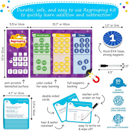 73 PCS Fun Magnetic Regrouping Activities Kit, Place Value Magnets, Magnetic Place Value Chart Mat, Place Value Manipulative 1st 2nd 3rd 4th Grade, Place Value Disks Chips, Base 10 Math - Simply Magic